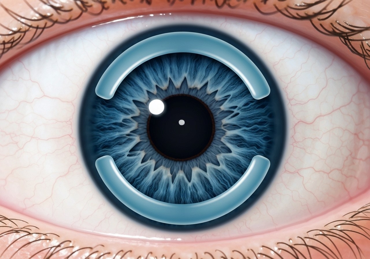 Vue rapproch&eacute;e en face d'un &oelig;il bleu&nbsp;: deux segments d'anneau intracorn&eacute;en en mat&eacute;riau bleu translucide sont ins&eacute;r&eacute;s sym&eacute;triquement dans l'&eacute;paisseur de la corn&eacute;e, l'un en haut et l'autre en bas du limbe, autour de la pupille.