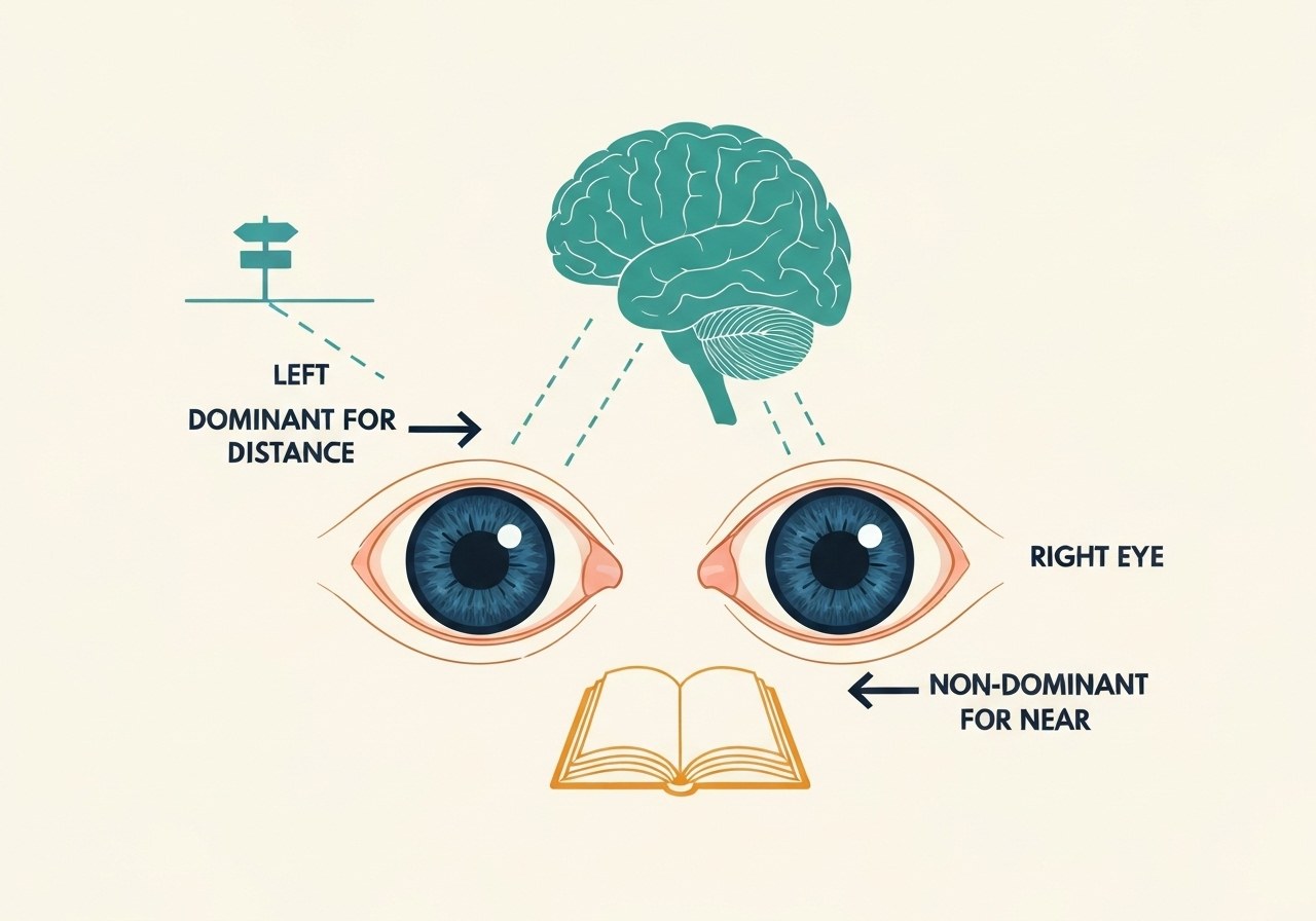 Sch&eacute;ma illustrant la monovision&nbsp;: l'&oelig;il droit (dominant) est r&eacute;gl&eacute; pour la distance avec les lignes de convergence qui pointent vers un panneau lointain&nbsp;; l'&oelig;il gauche (non dominant) est r&eacute;gl&eacute; pour la vision de pr&egrave;s avec les lignes de convergence qui pointent vers un livre. Le cerveau int&egrave;gre les deux images en une vision globale.