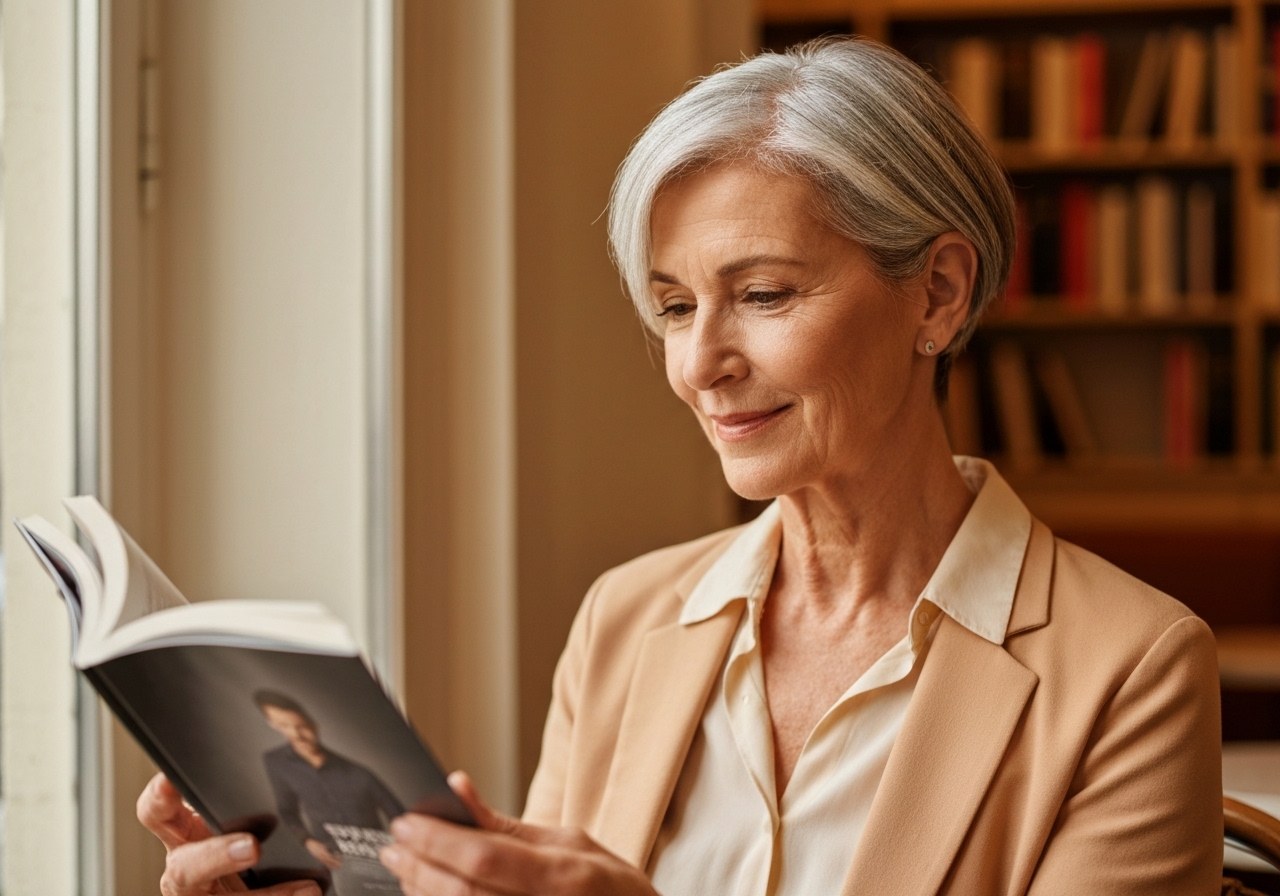 Patiente d'environ 55 ans lisant un livre sans lunettes dans un caf&eacute; lumineux, le livre &agrave; distance naturelle de lecture, l'expression d&eacute;tendue et souriante.