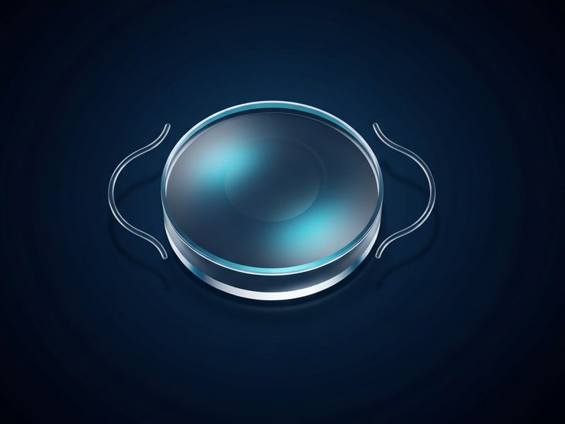 Implant intraoculaire monofocal : surface optique lisse, deux haptiques en C, vue rapprochée