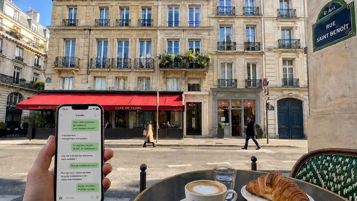 Simulation de vision avec implant trifocal en journee : livre, journal et rue tous nets simultanement