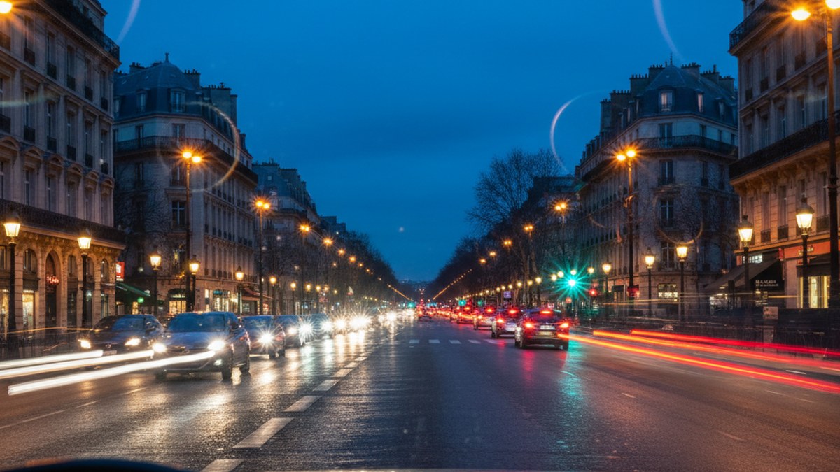 Simulation de vision avec implant trifocal la nuit : halos lumineux concentriques autour des phares et lampadaires
