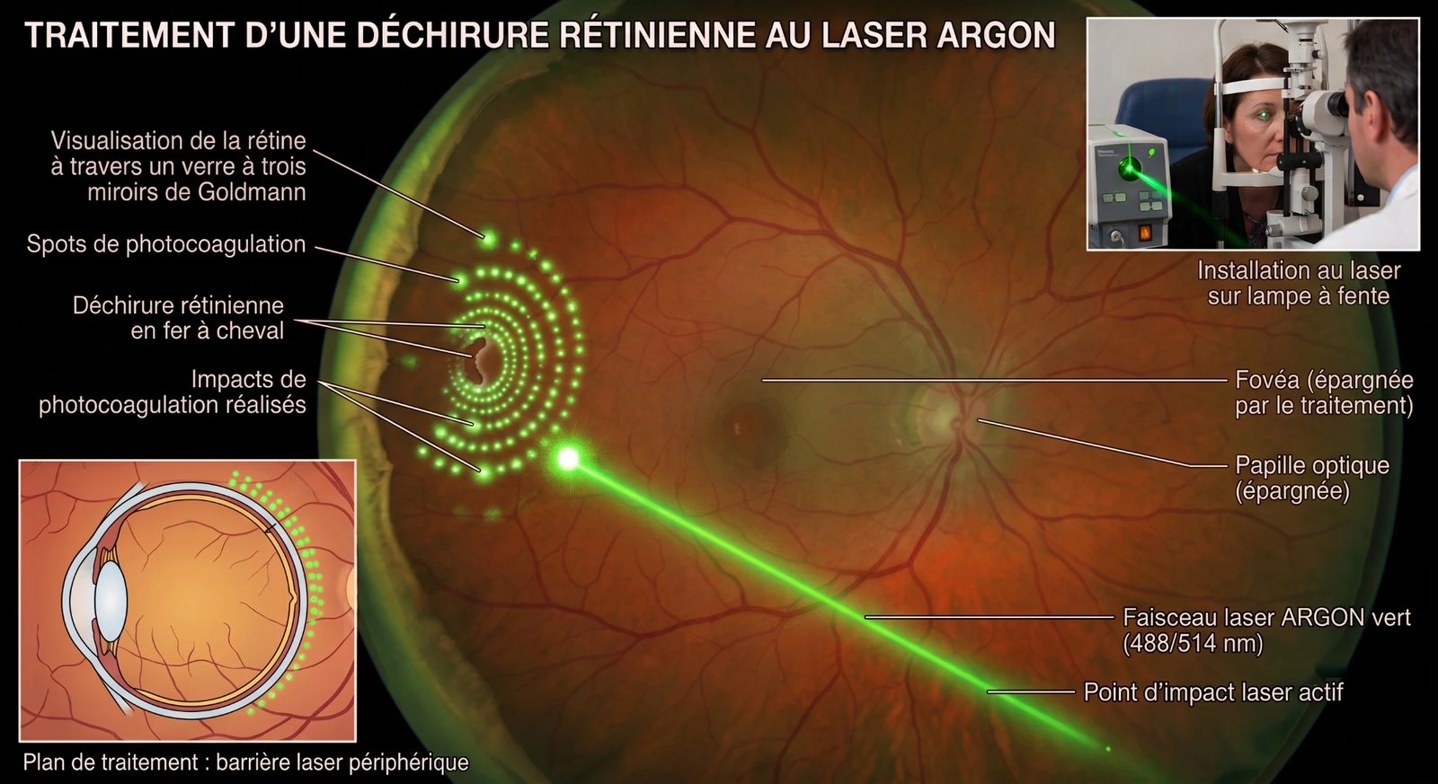 Traitement d'une déchirure rétinienne en fer à cheval au laser Argon : spots de photocoagulation en barrière autour de la déchirure, faisceau laser vert 514 nm, installation à la lampe à fente