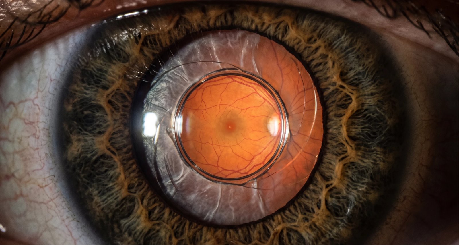 Œil après capsulotomie au laser YAG vu à la lampe à fente : ouverture circulaire de la capsule postérieure au centre de l'implant intraoculaire, lueur orangée du fond d'œil visible