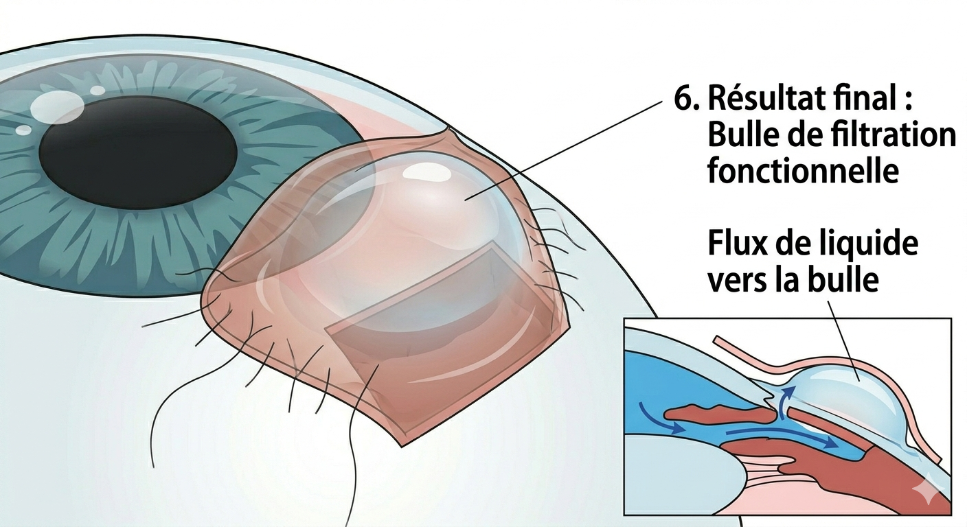 Étape finale : bulle de filtration fonctionnelle avec flux d'humeur aqueuse vers l'espace sous-conjonctival