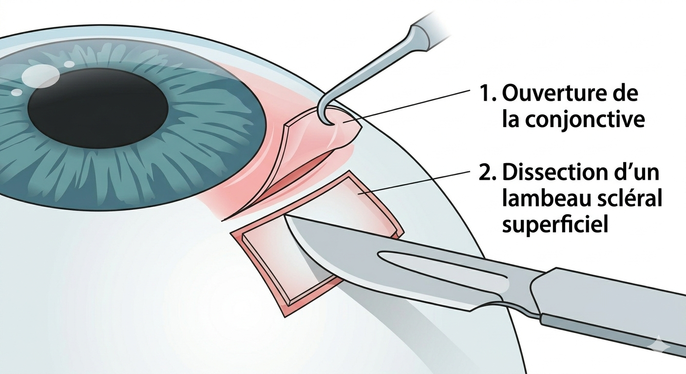 Étape 1 : ouverture de la conjonctive et dissection d'un lambeau scléral superficiel