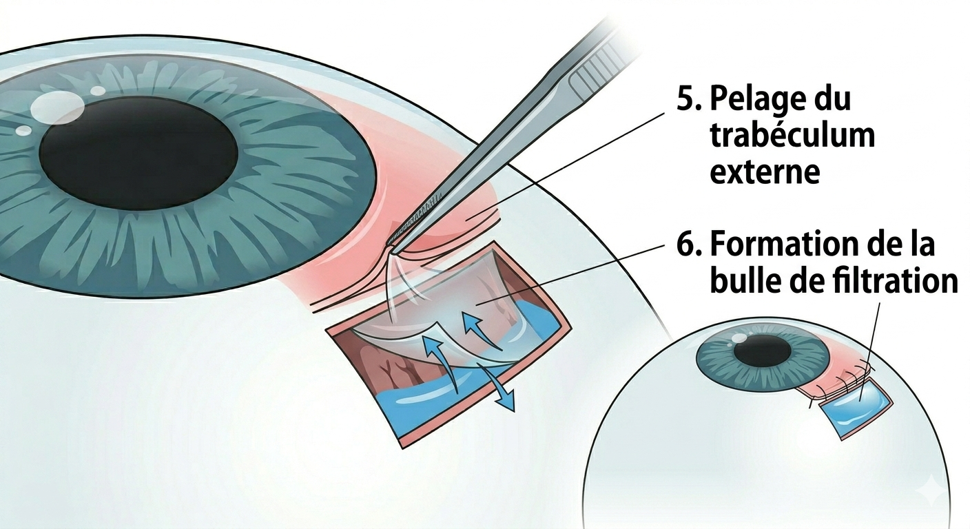 Étape 3 : pelage du trabéculum externe et formation de la bulle de filtration