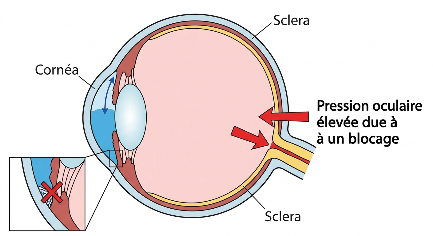 Situation initiale du glaucome : pression oculaire élevée due à un blocage du trabéculum